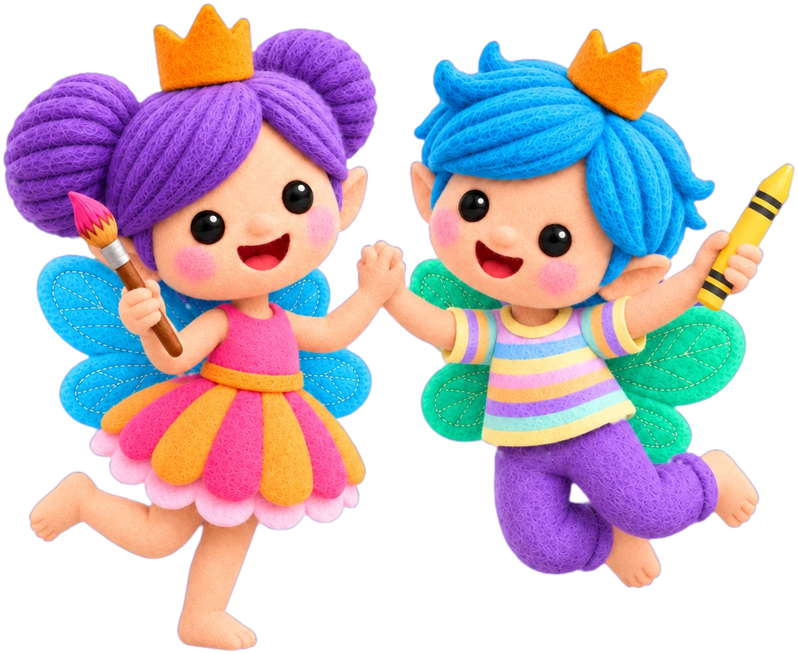 Risha with her paintbrush and Alwan with his crayon, holding hands